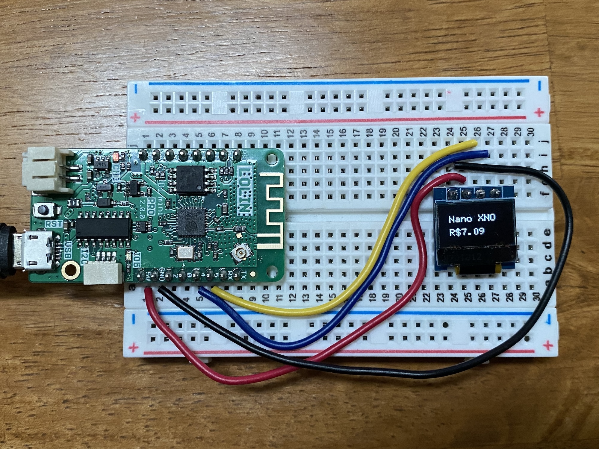 ESP8266 Lolin D1 Mini Pro mostrando o preço do Nano (XNO) em um OLED